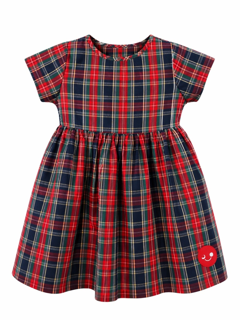 Smiling Button Girls Red & Green Plaid Short Sleeve Cotton Dress, Size 3T - Picture 2 of 10